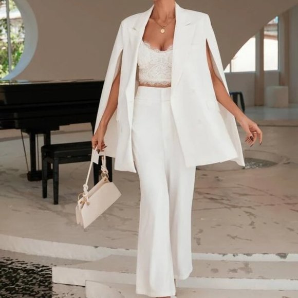 Classy Cape Cloak Sleeved Double Breasted Blazer work  white - Picture 4 of 6